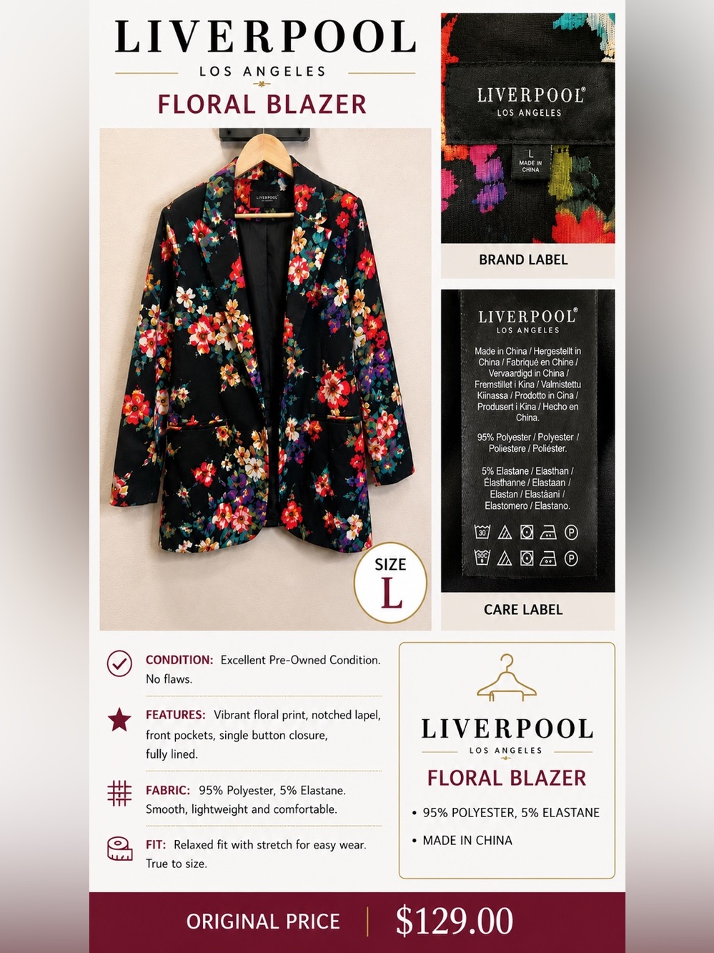 Liverpool Black Floral Blazer with Multicolor Blooms (L)